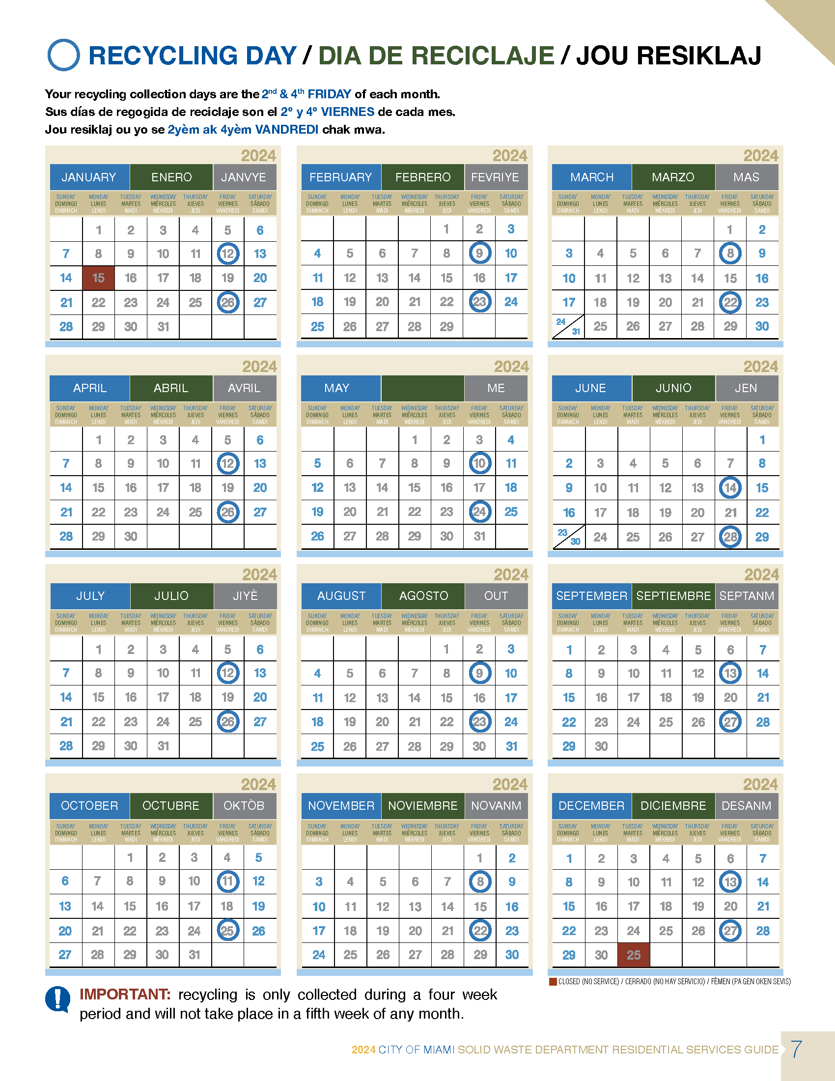 Recycling Calendar 2023 Friday 2 & 4 Miami