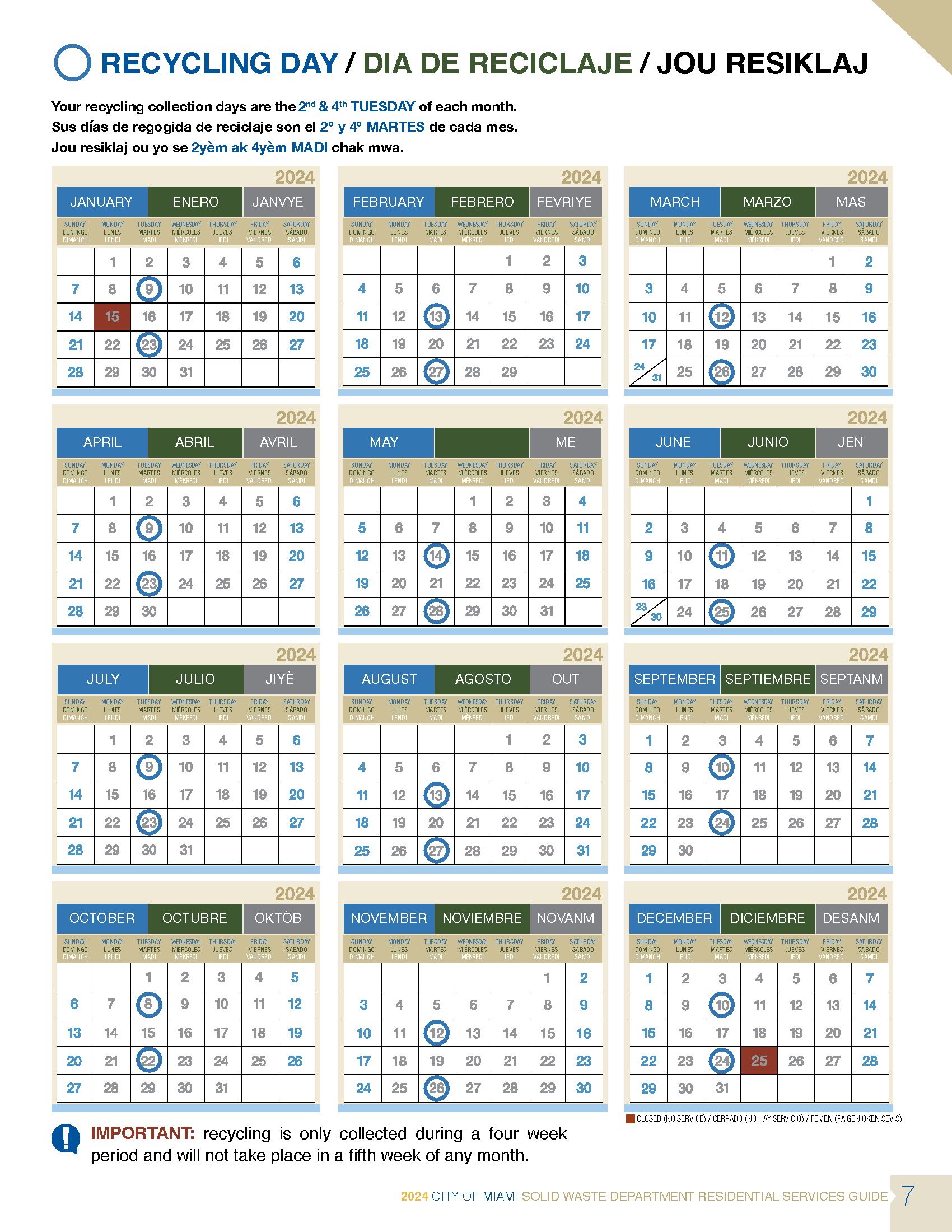 Recycling Calendar 2023 Tuesday 2 & 4 Miami