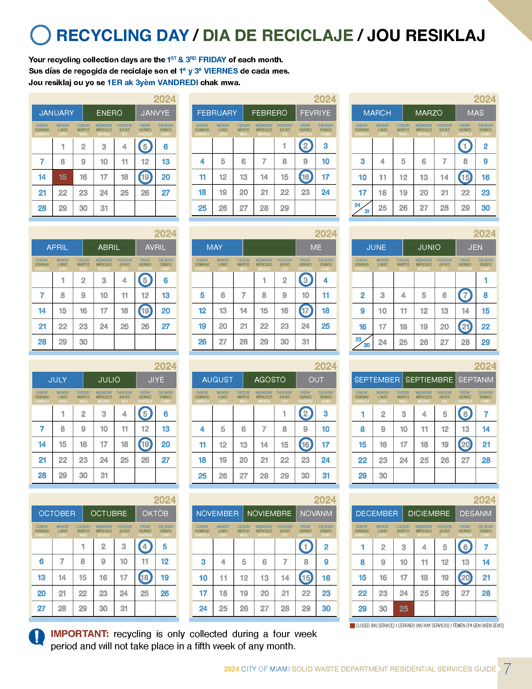 Recycling Calendar 2024 Friday 1 & 3 Miami