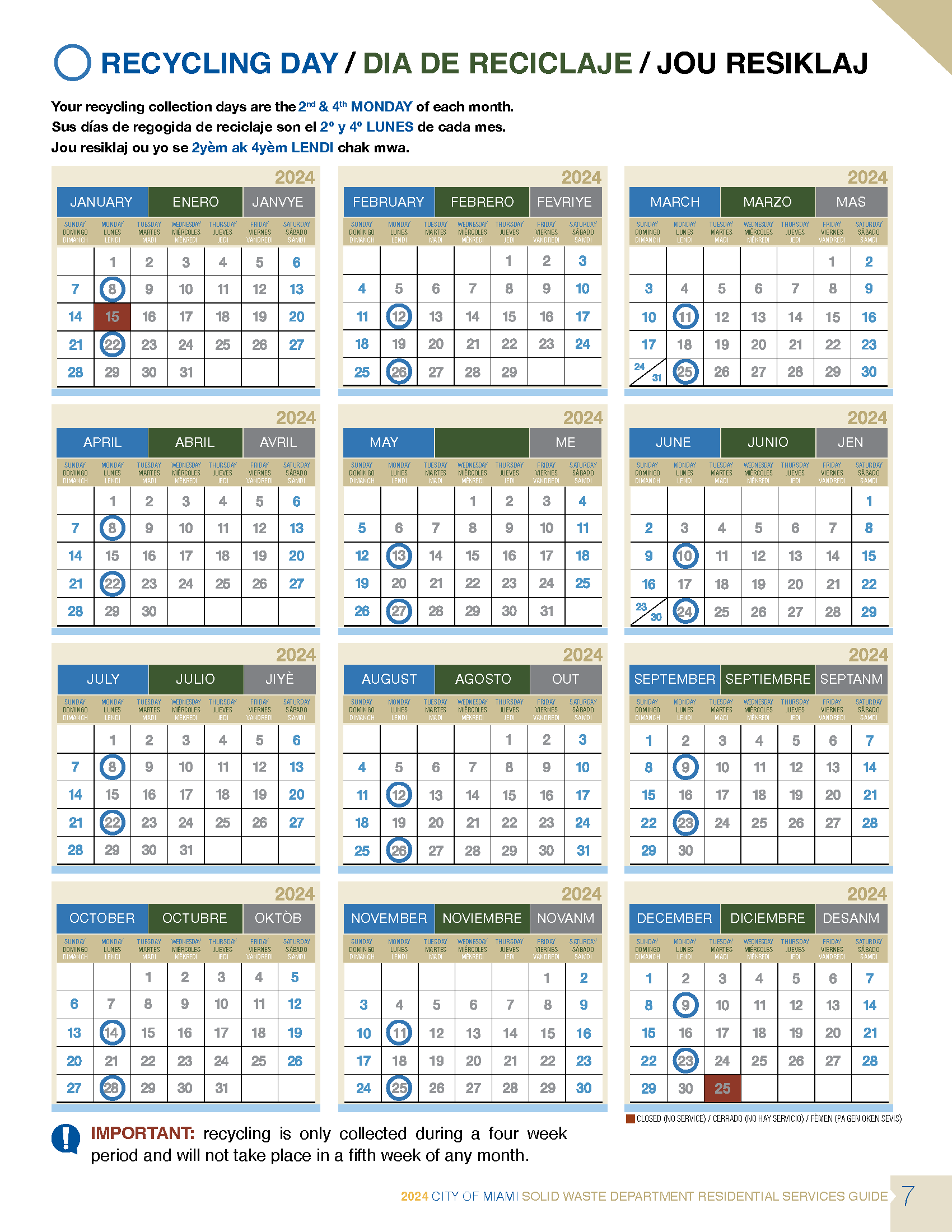 Recycling Calendar 2024 Monday 2 & 4 Miami